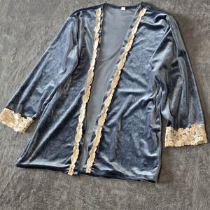 Boho Velvet Cardigan Large Blue Lace Trim Open Festival Goth Steampunk Y2K‎